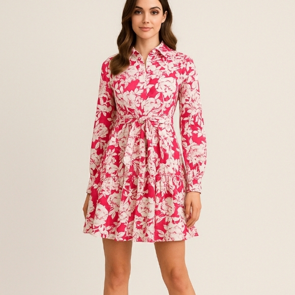 Dresses & Skirts - Flying Tomato 100% Cotton Floral Pink Dress Long-Sleeve Belted Flattering Small